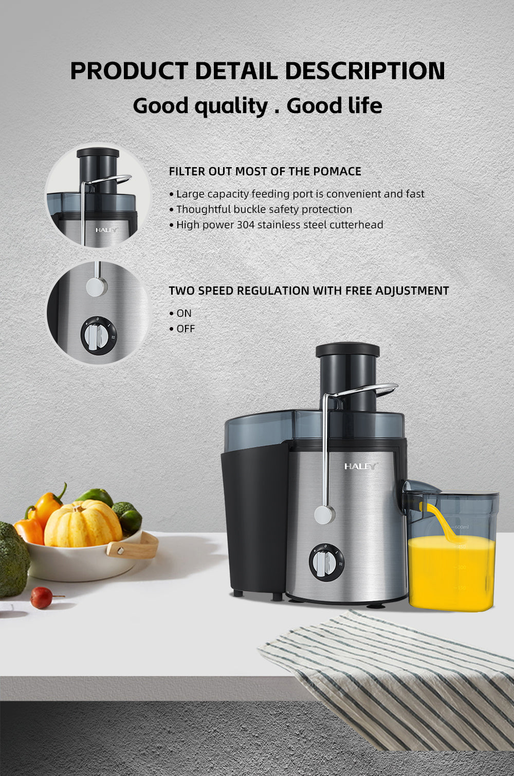 Storcător Electric Fructe și Legume HALEY 1000W – Panou Touch, Motor Puternic, Silențios, 500ml